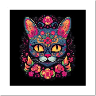 Teal Dreams Sugar Skull Cat Posters and Art